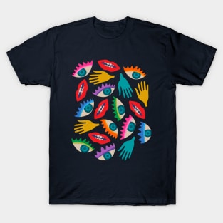 DISEMBODIED Surrealism Eyes Mouth Lips Hands in Rainbow Brights - UnBlink Studio by Jackie Tahara T-Shirt